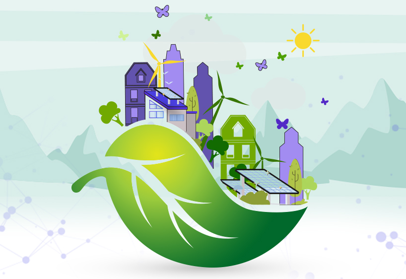 Illustration of a green leaf carrying a sustainable city, with solar panels and wind turbines