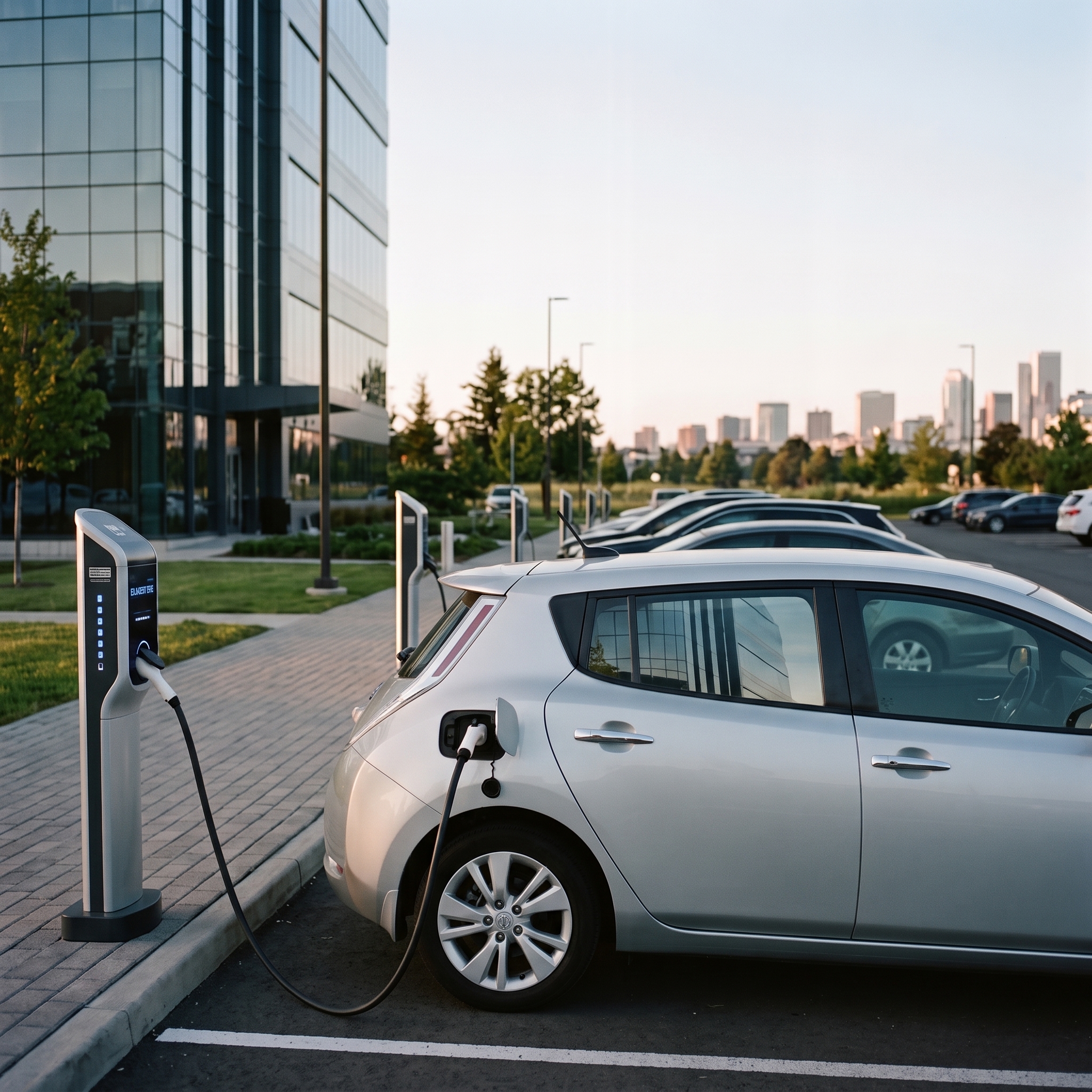 An electric car charging at a station outside an office building