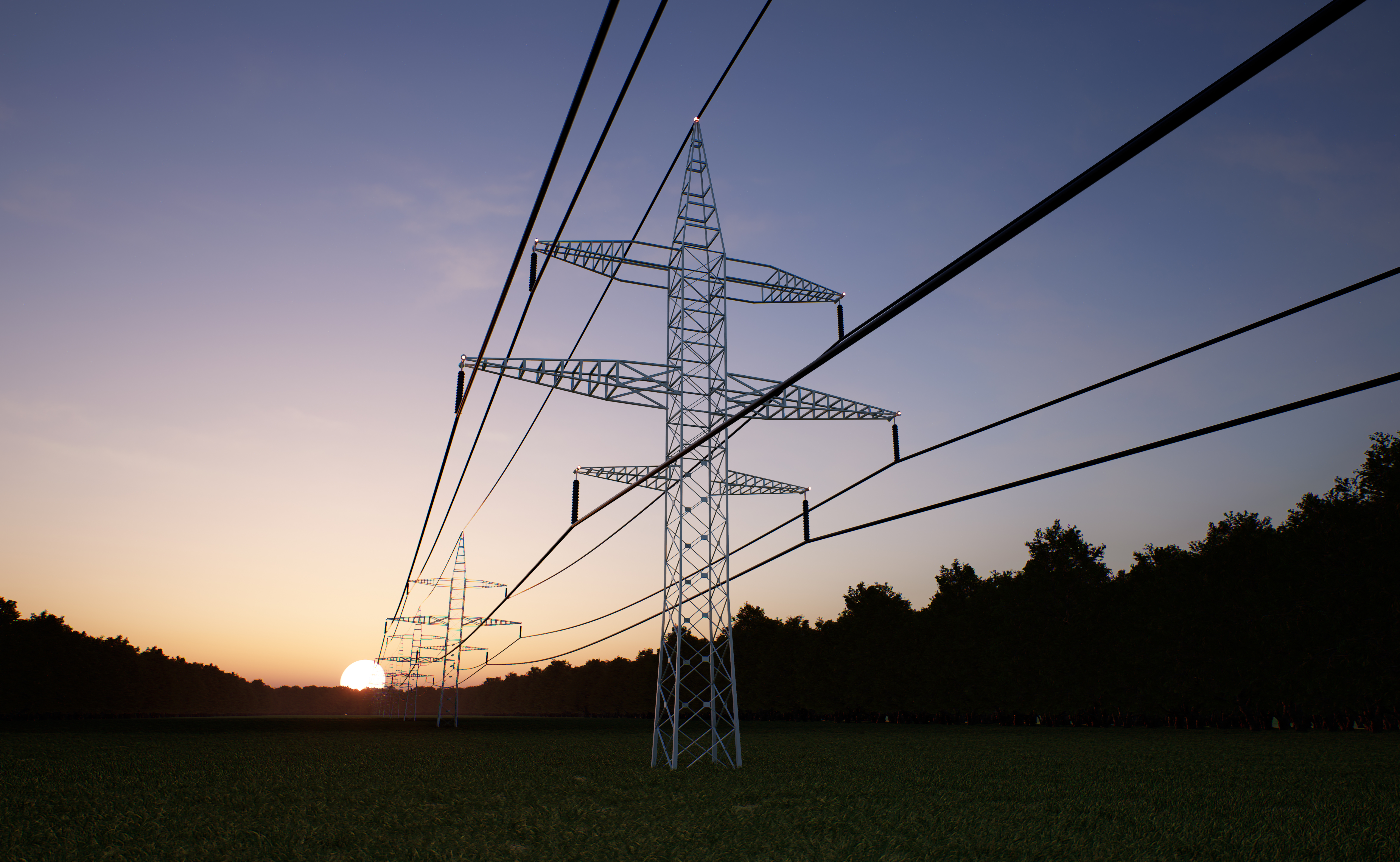 Transmission towers at dusk