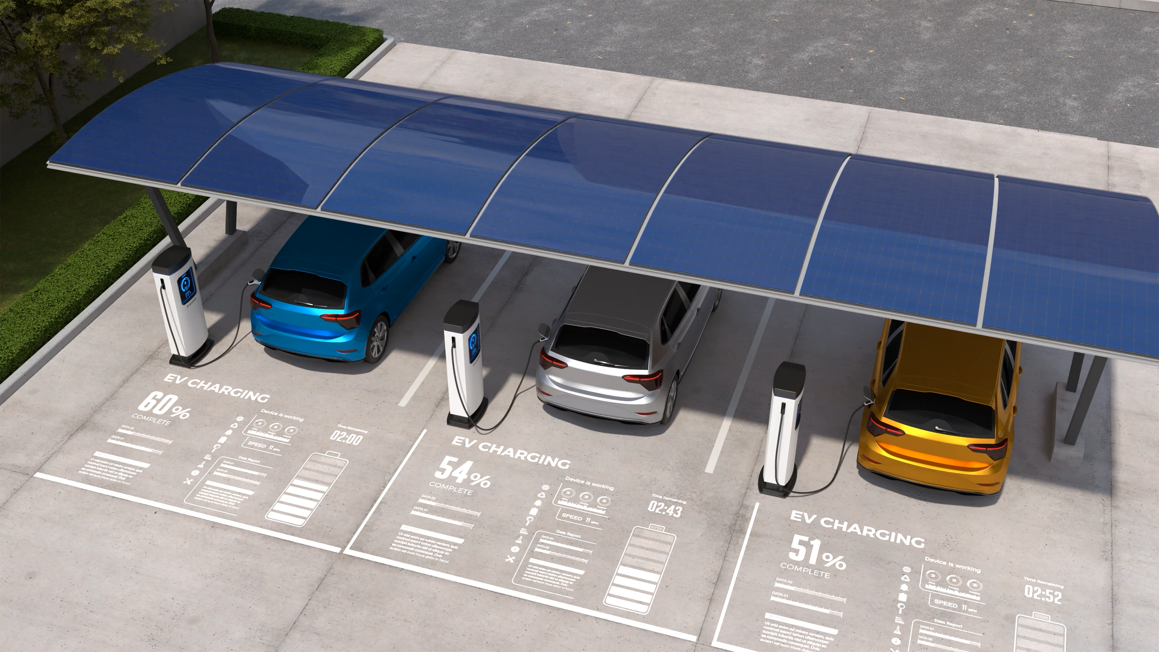Row of electric vehicles charging under a solar carport