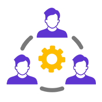 Three people connected around a gear