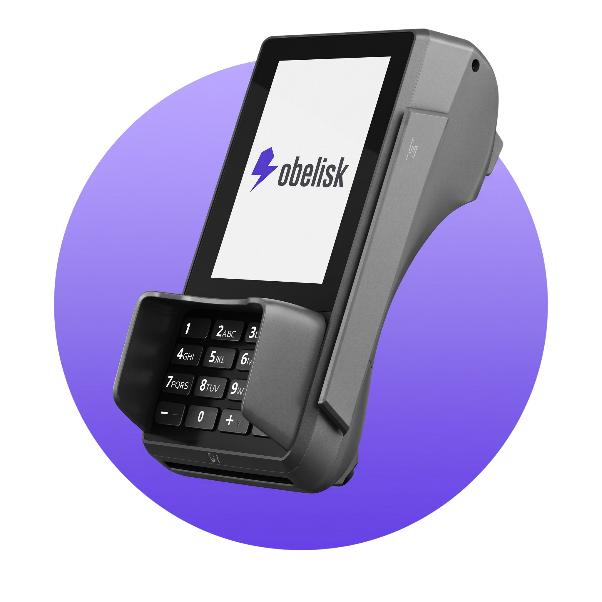 Obelisk-branded payment terminal with keypad and contactless reader