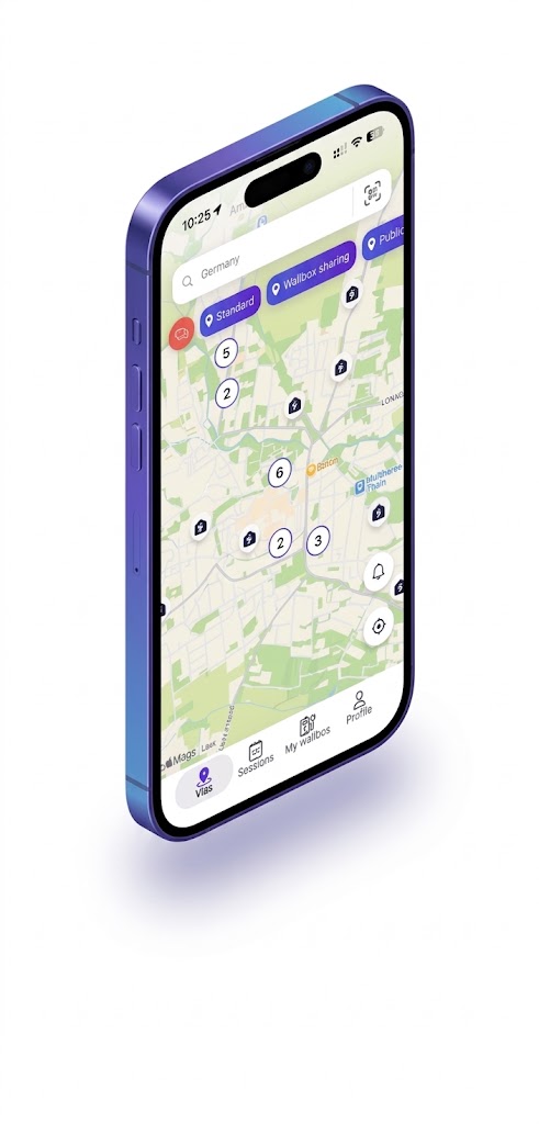 Obelisk app map view with filters and clustered charging points