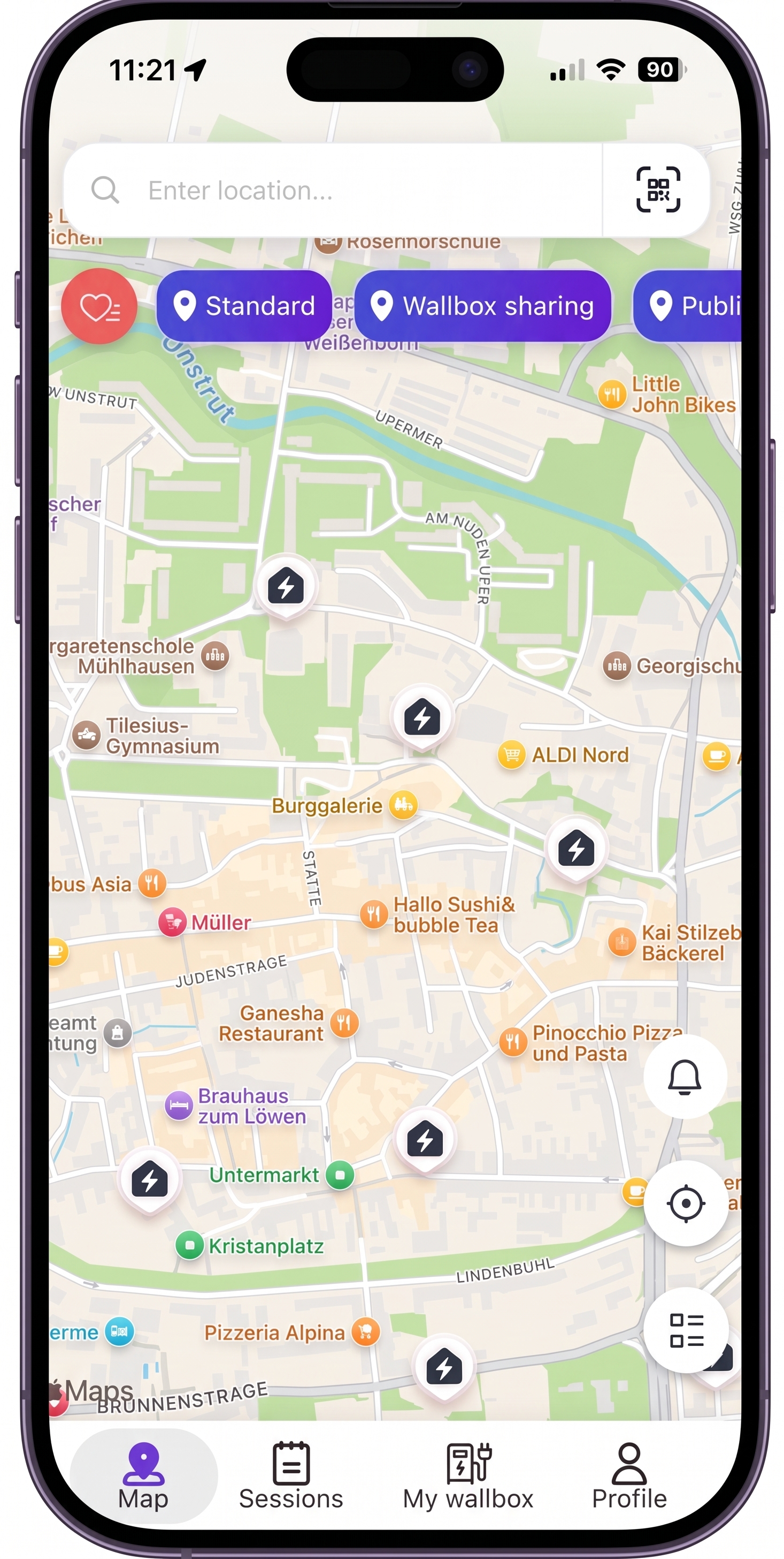 Obelisk app map showing nearby charging points with filters for standard, wallbox sharing and public