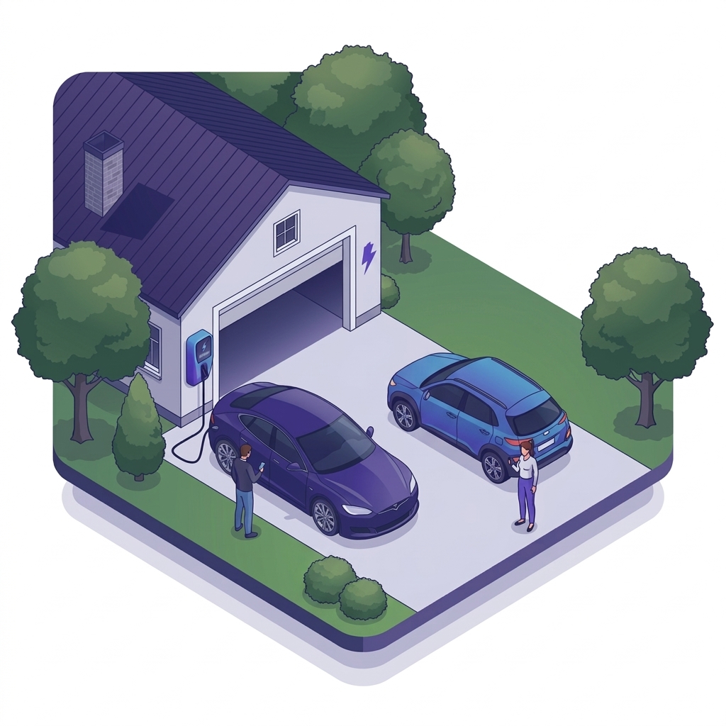 A homeowner's EV charging at a driveway wallbox while a neighbour walks up to book it